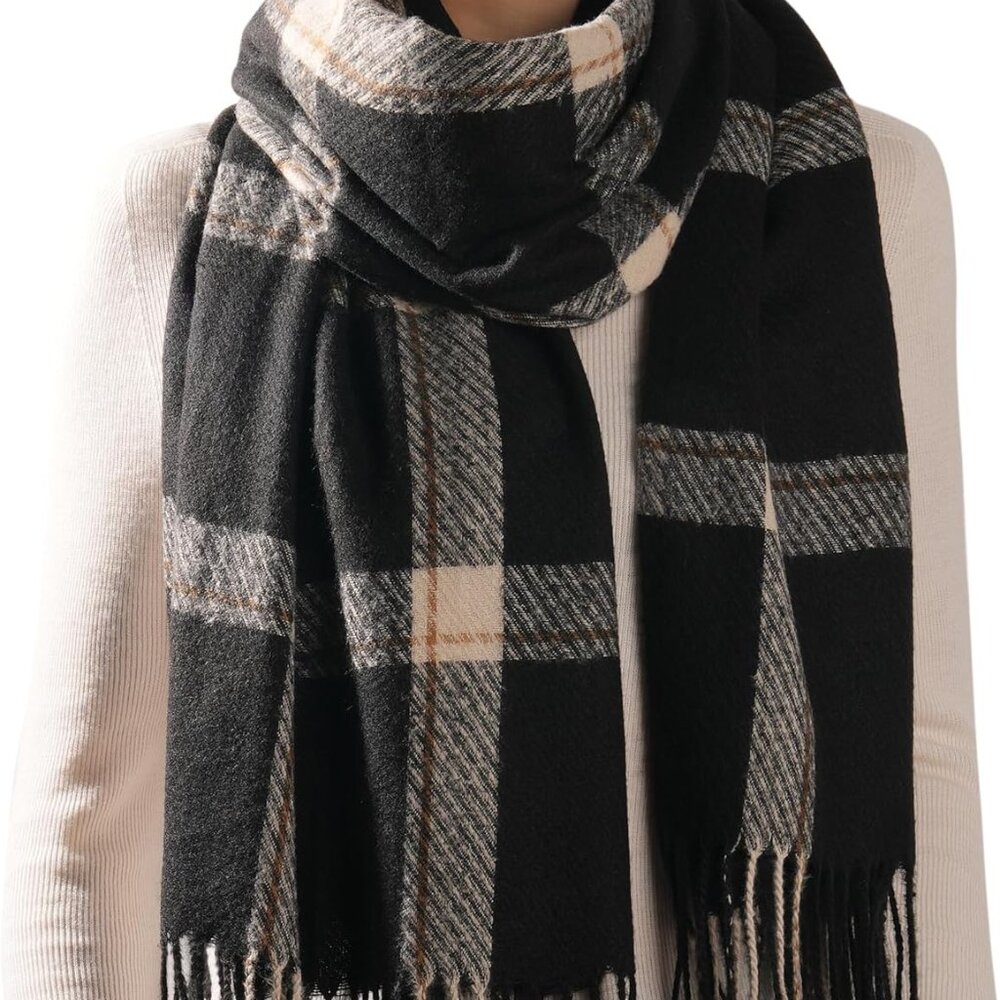 Winter Scarf for Women Shawl Cashmere Feel Tassel Plaid Large Oversized Scarves